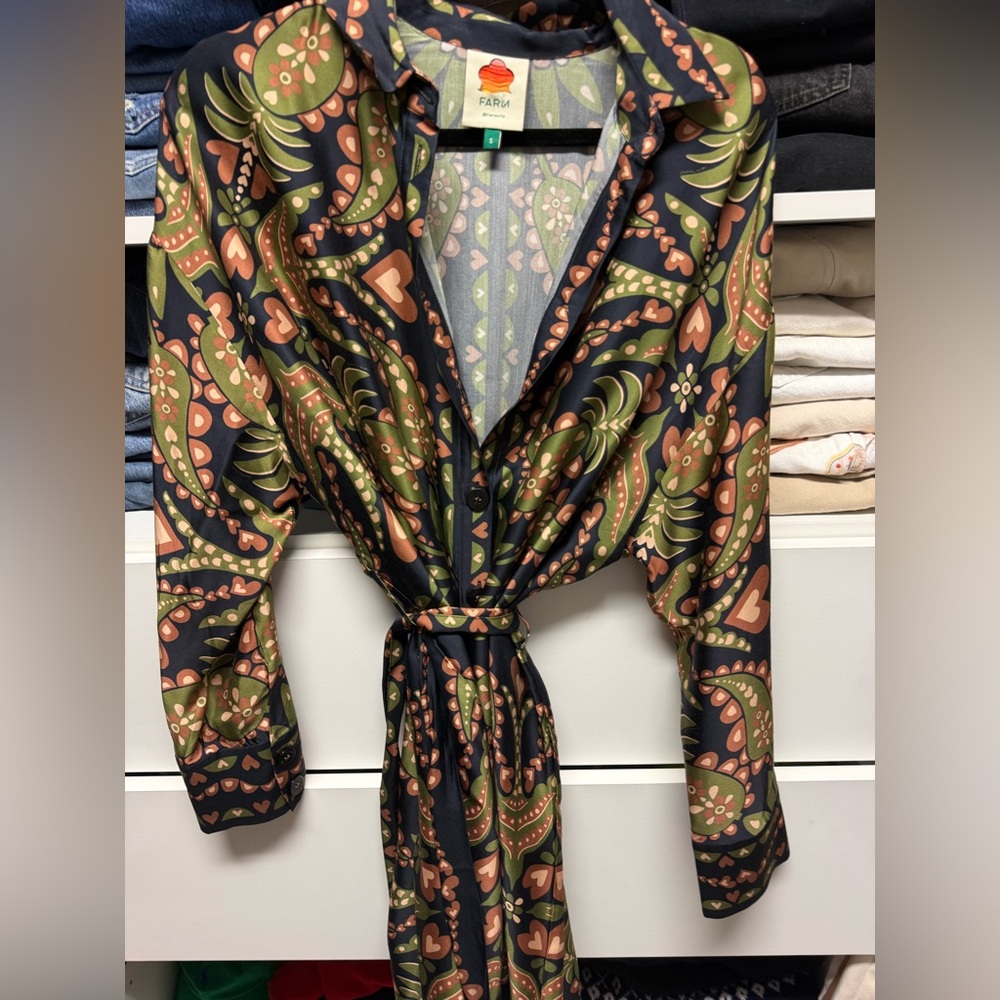 FARM Rio Black Paisley Tie-Waist Shirt Dress with Olive & Coral Accents